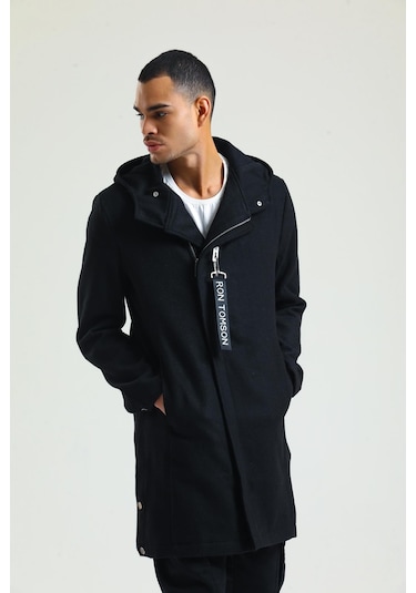 Erkek Regular Fit Kapüşonlu Fermuarlı Cepli Kışlık Astarsız Yünlü Uzun Kaşe Kaban 001