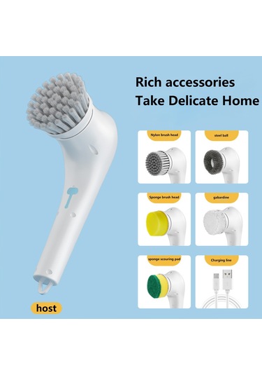 Sones Çok İşlevli Elektrikli Temizleme Fırçası El Tipi Mutfak Bulaşık Fırçası 5 Yedek Başlıklı Beyaz