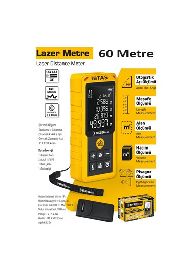 Sgs5425 - 60 Metre Lazer Metre Mesafe Ölçer Pisagor - Alan - Hacim - Mesafe - Otomatik Alçı Ölçümü