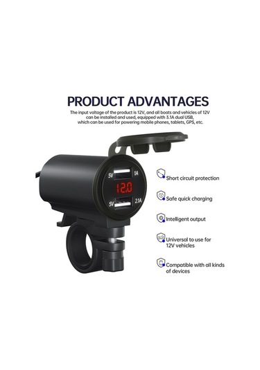 Pazly Çift Usb Motosiklet Şarj Adaptörü - 12v 3.1a Su Geçirmez Dijital Voltmetre Ve Montaj Aksesuarları Kiti