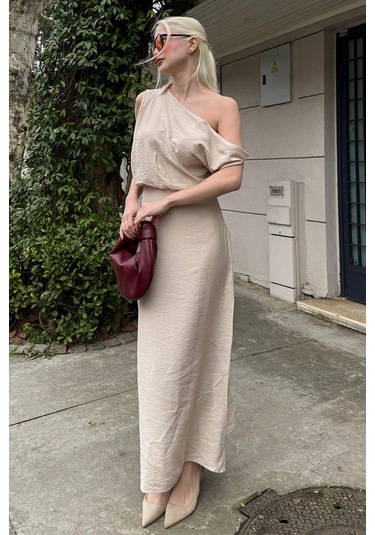 Madmext Madmext Taş Rengi Düşük Omuz Elbise Mg2349 Taş Rengi Taş