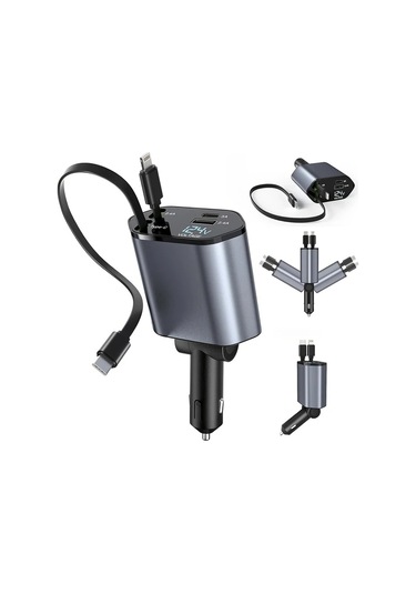 Oldfriend Gri 4'ü 1 Arada Araç Şarj Cihazı 80cm Usb Type-c Hızlı Şarj 180 Dönebilir