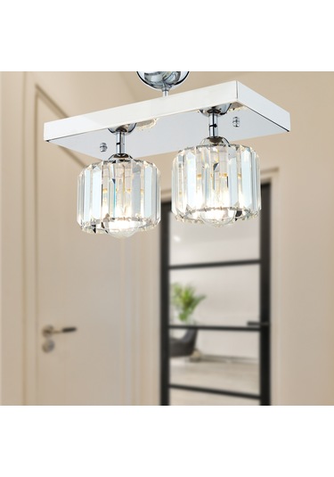 Sabrina 2 Li Krom Kaplama Plafonyer Kristalli Taşlı Modern Tasarım Kristal Salon Avize