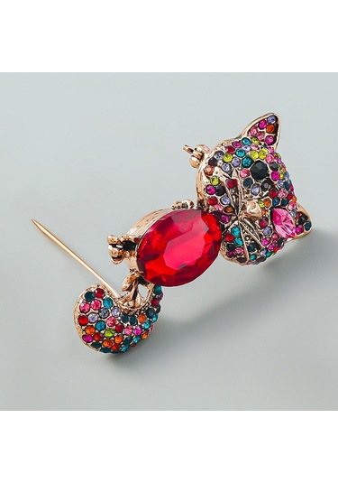Blucome Rhinestone Ve Kristal Göz Kırpan Kedi Broş Vintage Hayvan Pin Mevcut Kış Moda Takı Yeni Yıl 2023 Kırmızı