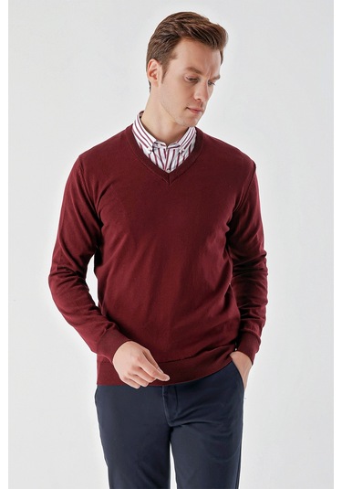 Morven Erkek Koyu Bordo Basic V Yaka Dynamic Fit Rahat Kesim Triko Koyu Bordo