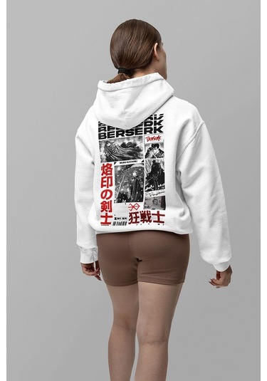 Sevbano Berserk Baskılı Unisex Oversize Anime Hoodie Beyaz