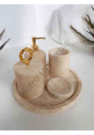 Sarı Traverten Klasik Model 5 Parça Gold Renk Halka Aksesuarlı Banyo Seti Sarı Traverten