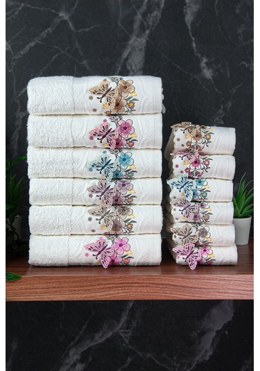 %100 Pamuklu 3d Kelebek İşlemeli 12 Li Analı Kızlı Çeyizlik Havlu Seti 50x90 Cm - 00030 Beyaz