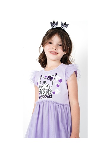 Kuromi Lila Tül Detaylı Kısa Kollu Kız Çocuk Elbisesi Mor