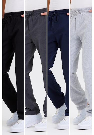 Arka Cepli Etiket Detaylı Düz Paça Erkek İçi Pamuklu 4'lü Eşofman Altı Siyah-Antrasit-Lacivert-Gri Çok Renkli