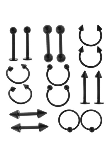 Suntek 16 Adet 16g Kavisli Halter Spike Burun Göbek Kaş Siyah Siyah
