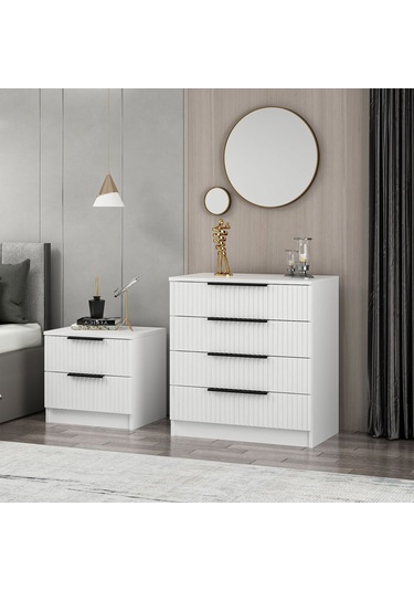 Kale Şifonyer 4 Çekmeceli Çizgili Mebran Beyaz