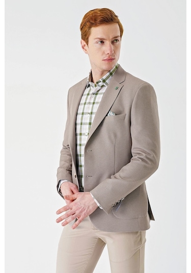 Örme Mono Yaka Çift Yırtmaç Likralı 6 Drop Slim Fit Dar Kesim Klasik Ceket 1002240138 - Bej