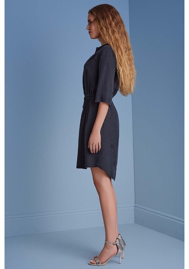 Gömlek Yaka Mavi Jean Elbise Mavi