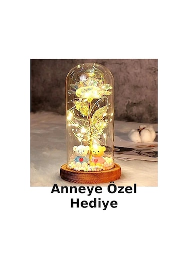 LED Işıklı Güllü Cam Fanus Ayıcıklı Gece Lambası Anneler Günü Hediyesi -