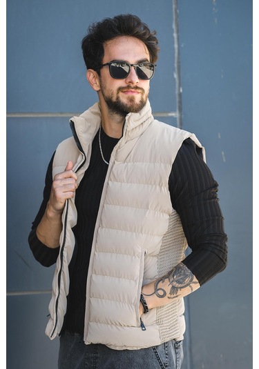 Lordy Örgü Detaylı Cepli Dik Yaka Nova Parlak Kumaş Erkek Şişme Yelek Camel