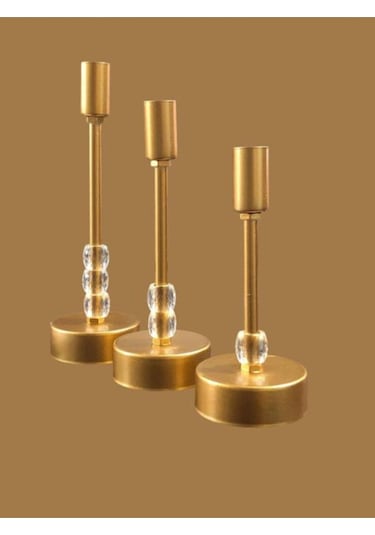 Üçlü Metal Mumluk Gold Boyalı Sarı