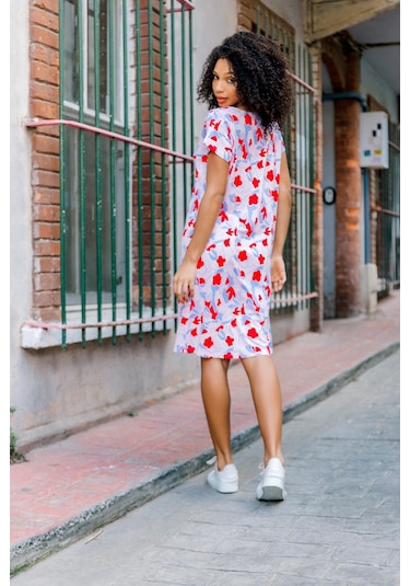 Dökümlü Rahat Kalıp Günlük Penye Kumaş Elbise-mercan Mercan