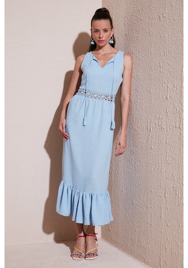 Lela Regular Fit Volanlı Kolsuz Midi Bayan Elbise 611El574 Bebe Mavi