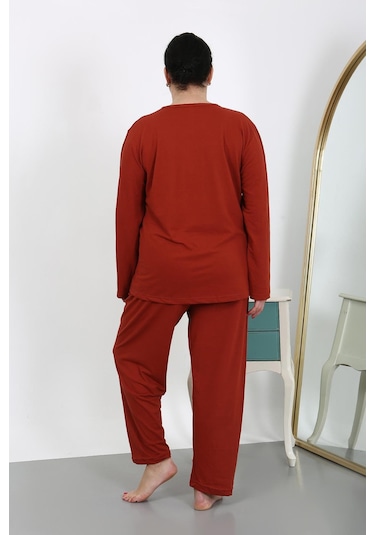 Akbeniz Kadın Büyük Beden Uzun Kol Penye Pijama Takımı Kiremit 202501 Kiremit