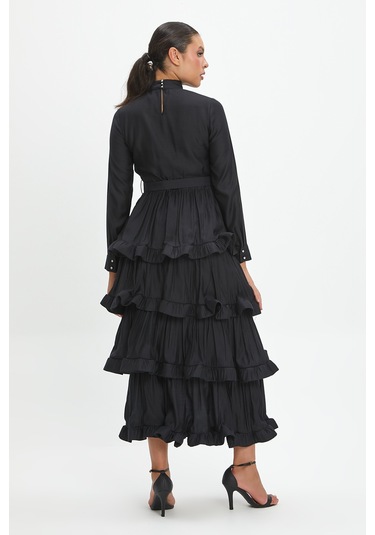 Kat Kat Fırfırlı Ve Bağcıklı Midi Boy Elbise - Günlük Ve Özel Günler İçin Modern Şıklık Bordo