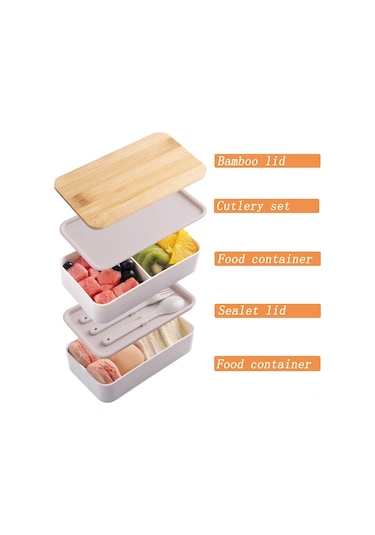 Hangfox Doğal Bambu Kapaklı Çift Katlı Microwave Uyumlu Çalışan/öğrenci Bento Kutusu - Sağlıklı Yemek Taşıma Kutusu Isı Saklama Çantası Dahil Beyaz