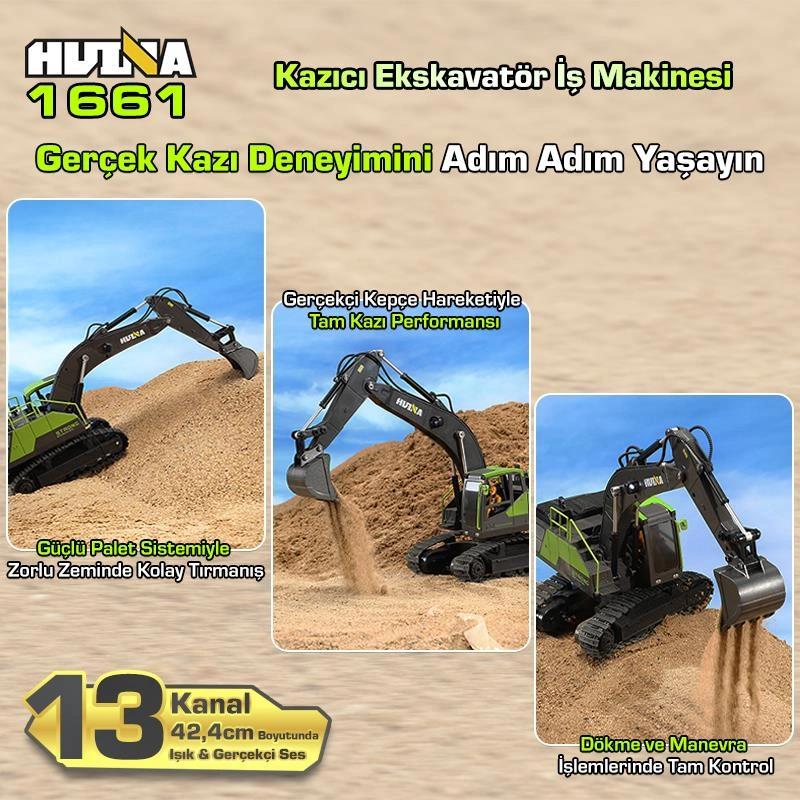 Huına 1661 1/18 13ch Kazıcı Ekskavatör İş Makinesi İnşaat Uzaktan Kumandalı Rc Model Metal Kepçeli - 2.4ghz Gerçekçi Similasyon Ses Ve Işık Sistemi