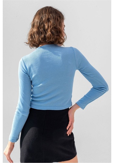 Gri Uzun Kollu Fitilli Bluz Crop Örme T-shirt Bebe Mavisi