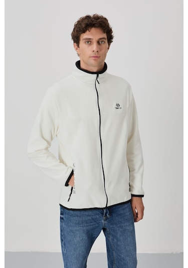 Tommy Life Ekru Yazı Nakışlı Dik Yaka Fermuarlı Standart Kalıp Erkek Sweatshirt Polar - 87992 Ekru