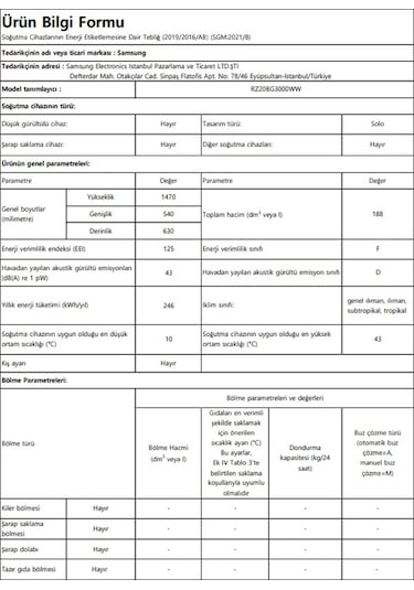 Samsung RZ20BG3000WW/TR 188 LT 6 Çekmeceli Dikey Derin Dondurucu