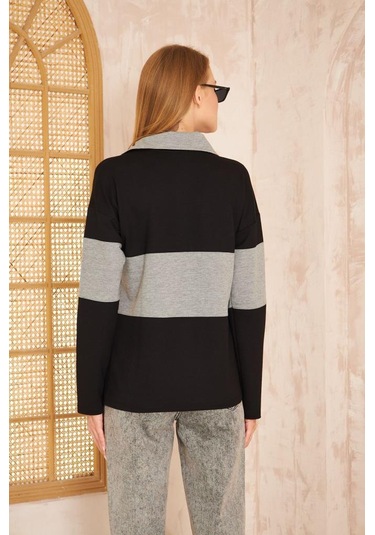 Kadın Uzun Kol Fermuarlı Polo Yaka Color Block Basic Salaş Sweatshirt Bluz 3471210 Siyah - Gri