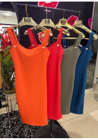 Kadın Dalgıç Kumaş Düğmeli Fermuarlı Askılı Elbise Yeşil