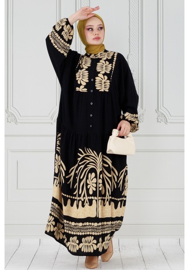 Yarasa Kol Karışık Desen Viscon Elbise-vizon-3799 - Vizon