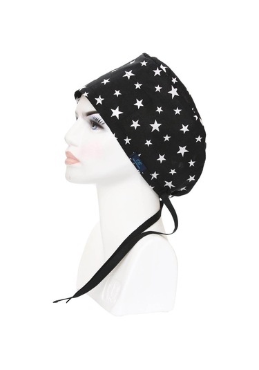 Standart Siyah Büyük Yıldız Desenli Cerrahi Bone Doktor Hemşire Sağlıkçı Bonesi