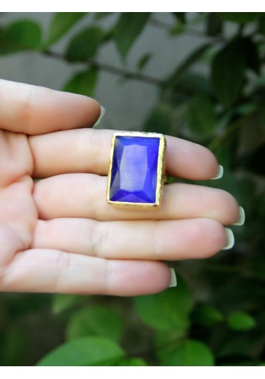 Kedi Gözü Cam Kadın Ayarlanabilir Altın Kaplama Yüzük Saks Mavi Euy69sm Mavi