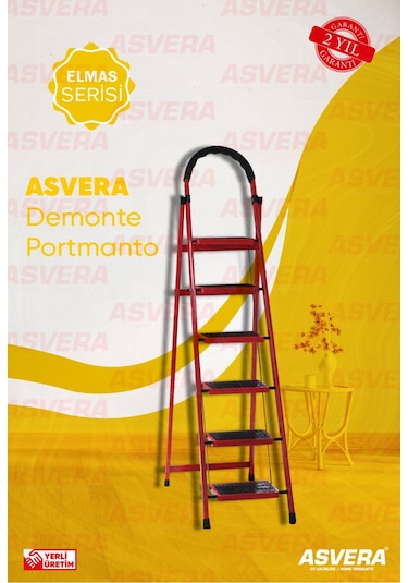 Elmas Serisi Carnaval 6 Lı Ev Tipi Katlanır Merdiven Kırmızı, Kaymaz, Hafif, Dayanıklı 1 Adet