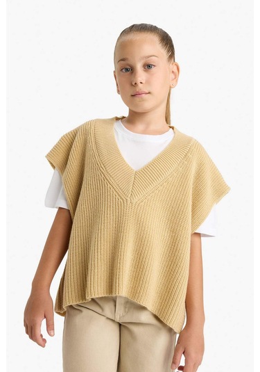 Defacto Kız Çocuk Oversize Geniş Kalıp V Yaka Triko Süveter F2625a825aubn300 Kahve