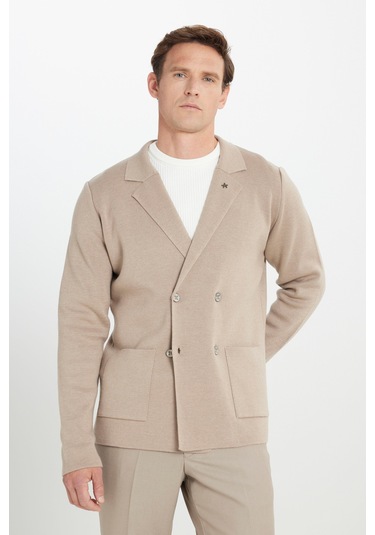 Erkek Vızon Pamuklu Standart Fit Normal Kesim Kruvaze Yaka Cepli Triko Ceket Vizon