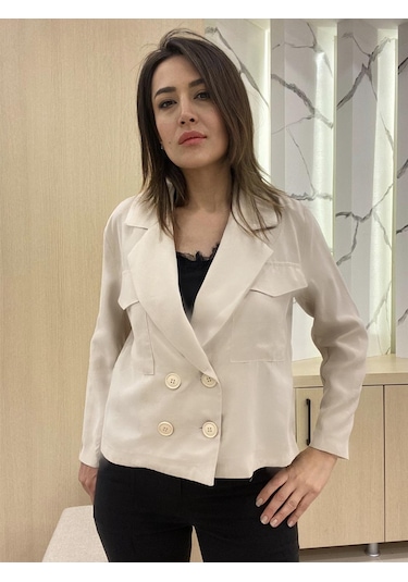 Kruvaze Kapama Kısa Ceket Bej - 38 Bej