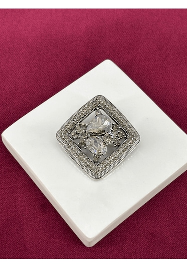 Gümüş Büyük Parlak Taşlı Kare Şekilli Silver Broş Silver