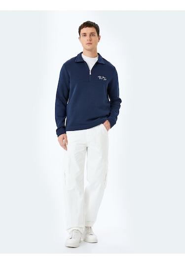 Koton Slogan İşlemeli Pamuk Karışımlı Dikiş Detaylı Yarım Fermuarlı Sweatshirt Lacivert 5wam70263mk Lacivert