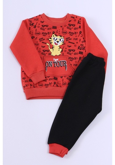 Erkek Bebek 3 İplik Eşofman Takımı Kaplan Baskılı A48 Kiremit