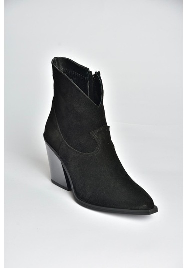 Fox Shoes V654081902 Siyah Hakiki Deri Süet Kalın Topuklu Western Kovboy Kadın Bot Siyah