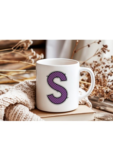 S Harfi Mor Puantiyeli Kupa Bardak - Polka Dot Tasarım Kahve Çay Bardak - Kişiye Özel Hediyelik Beyaz