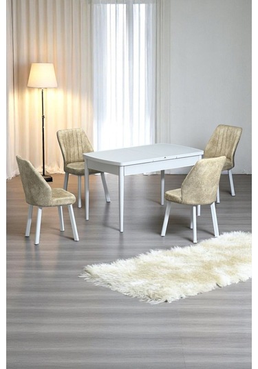 Florn Beyaz 80 X 132 Açılabilen Sunta Masa Metal Ayaklı Mutfak Masası Takımı 4 Krem Sandalye Krem