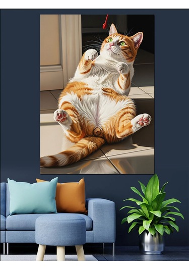 Ahşap Tablo Güneşlenen Komik Ve Şişman Kedi
