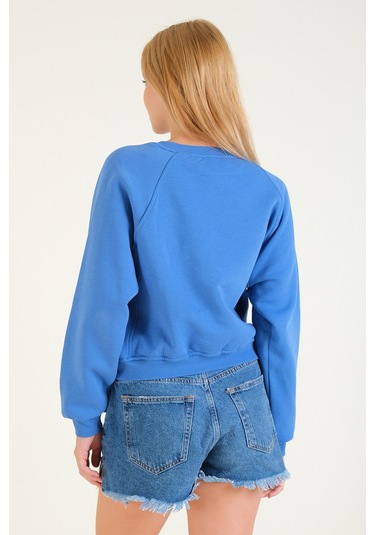 Giyim Dünyası Kadın 3 İp Şardonlu Sıfır Yaka Oversize Sweatshirt Mavi 001