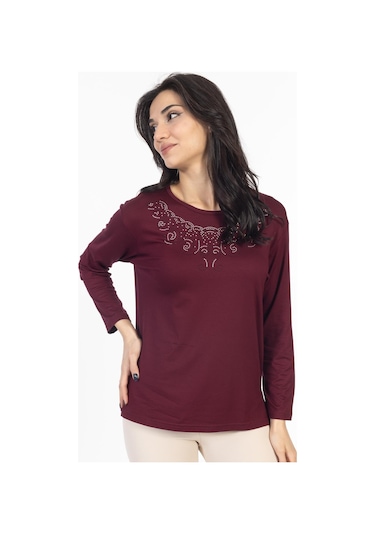 Yeni Model Taş İşlemeli Yuvarlak Yaka Likralı Anne Penye Bluz 6420-vişne Çürüğü