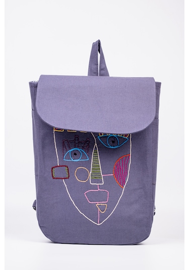 Fabric Craft Bag Sırt Çantası Pamuklu Nakışlı Figür Desen Mor