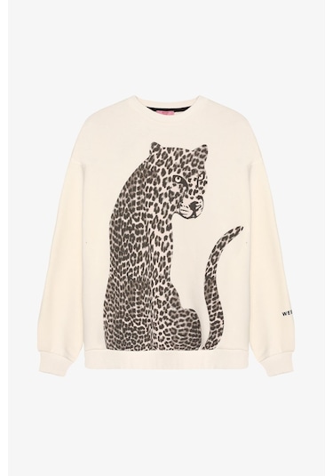 Quzu Leopar Figürlü Kolu Yazı Baskılı Sweatshirt Ekru Ekru